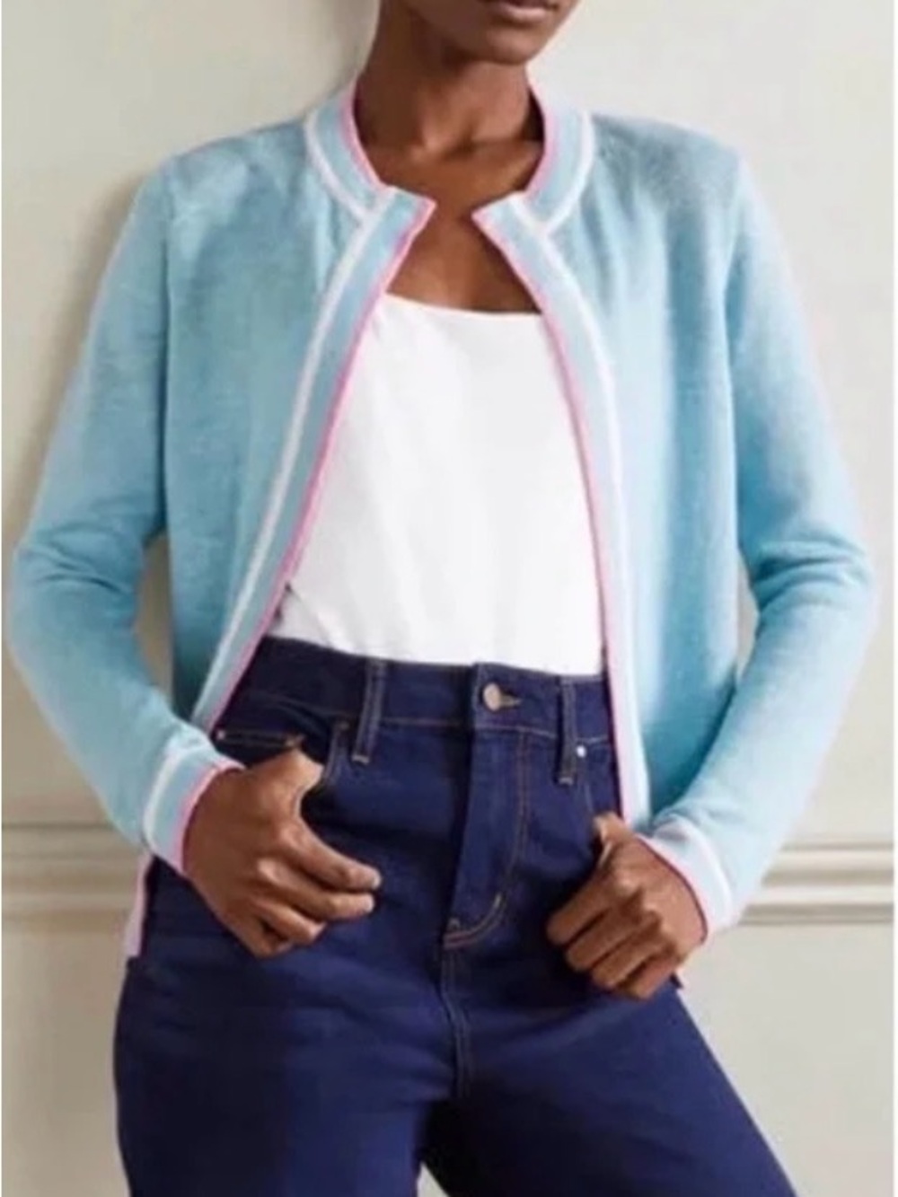 NEW BODEN Stripe Trim Linen Cardigan in Blue and Pink 10